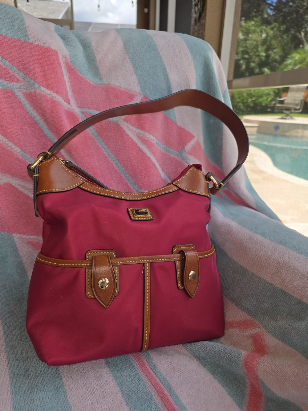 Dooney & Bourke Pink Shoulder Bag with Brown Leather Trim